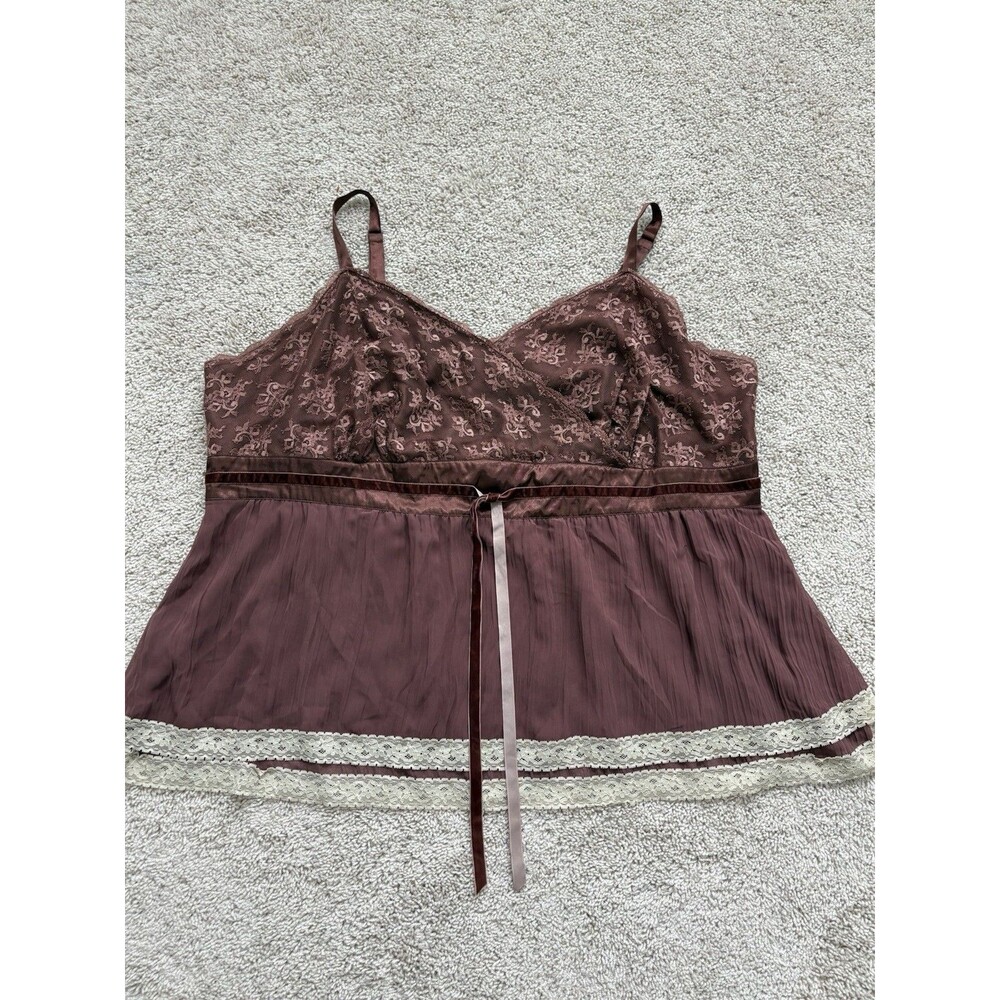 Y2K Lane Bryant Babydoll Top Women 28 Burgundy Tan Lace Tie Waist Cami Romantic